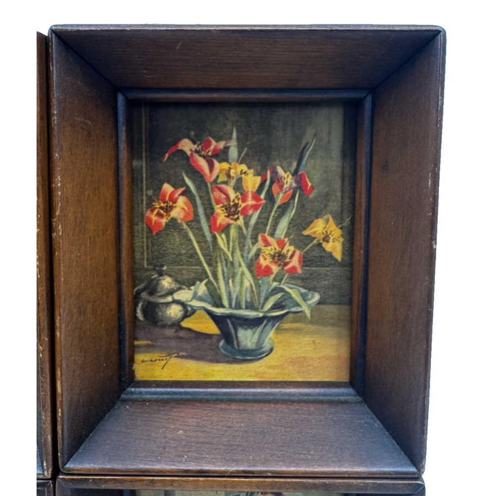Lockhardt Floral Prints Vintage Wooden Framed Set of 4 Small Artworks 5x6 Each - Picture 3 of 10